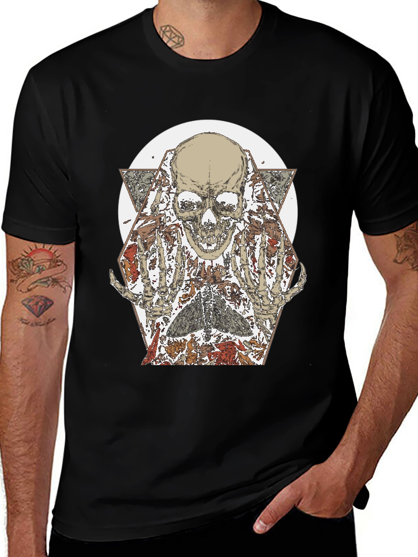 Skull & Floral Graphic Print Black T-Shirt