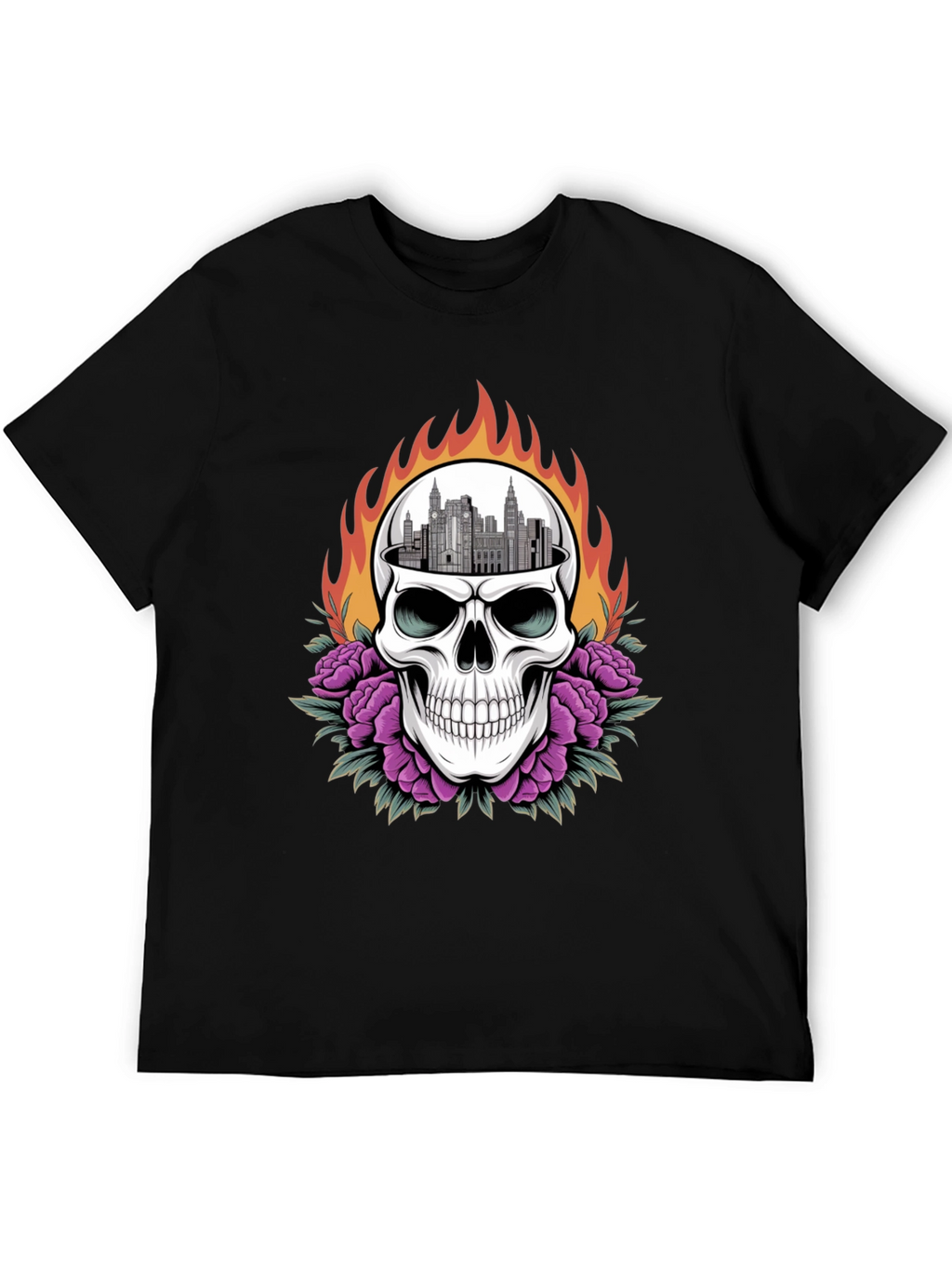 Skull & Cityscape Graphic Print Black T-Shirt