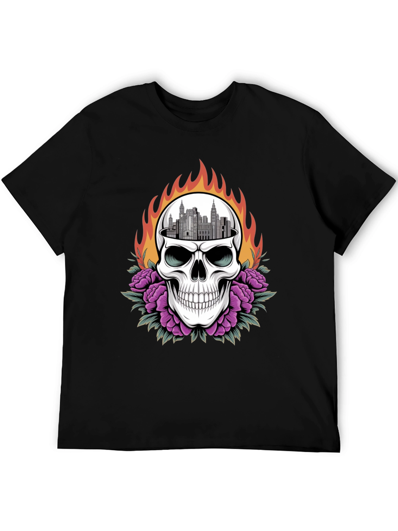 Skull & Cityscape Graphic Print Black T-Shirt