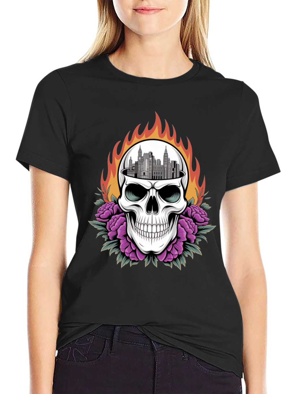 Skull & Cityscape Graphic Print Black T-Shirt