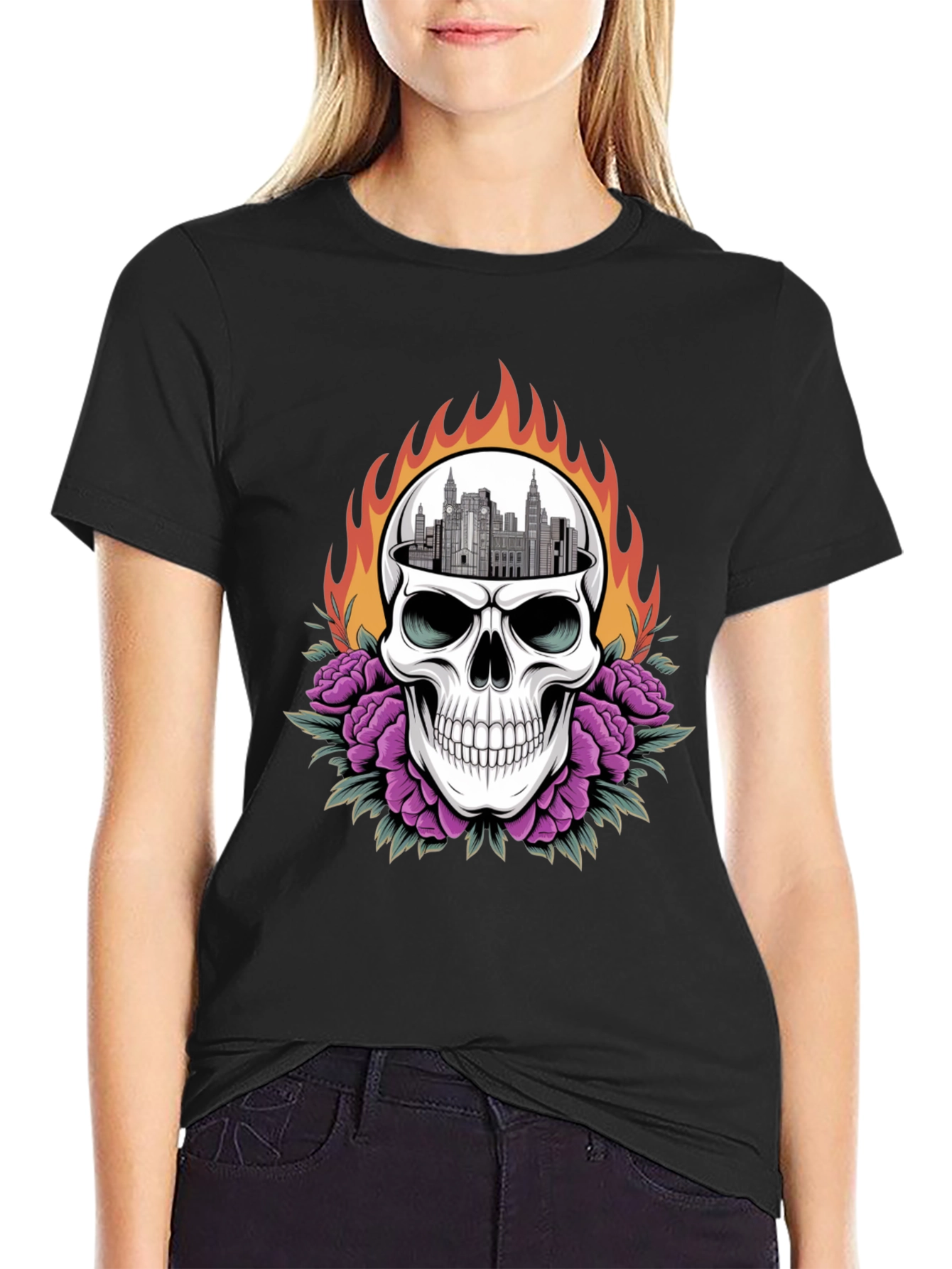 Skull & Cityscape Graphic Print Black T-Shirt