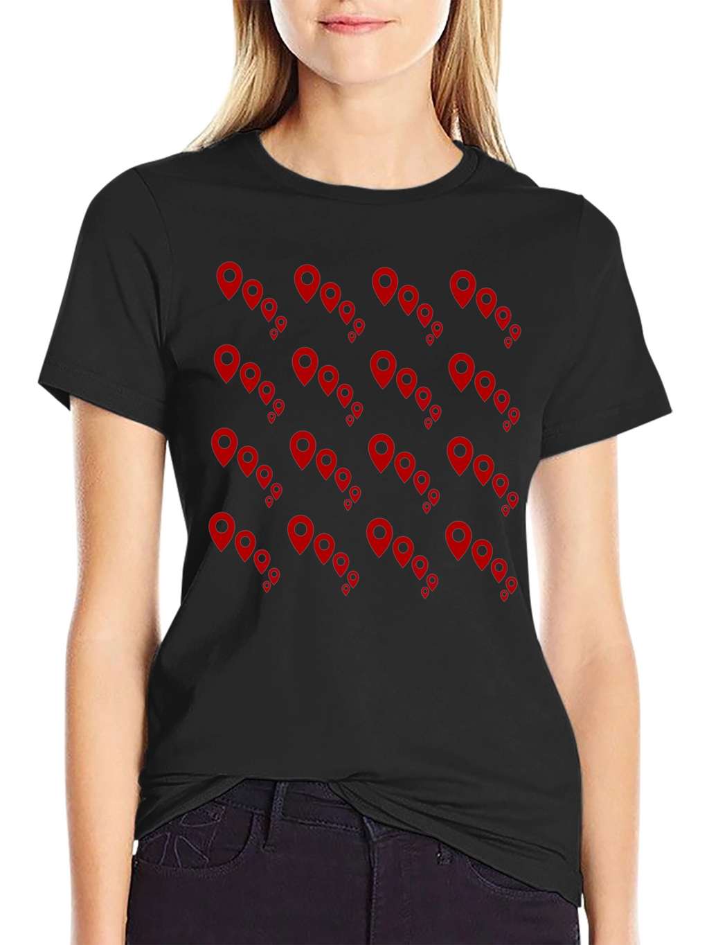 Mens Black Tee with Red Location Pin Design