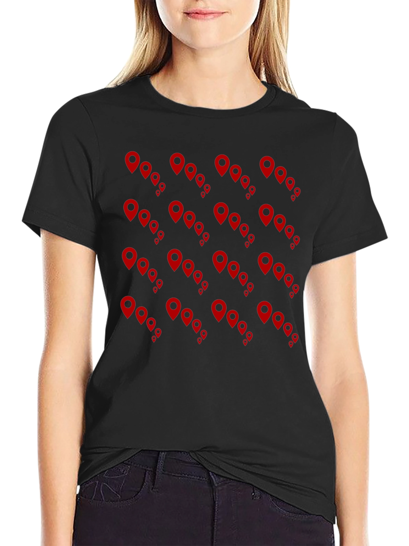 Mens Black Tee with Red Location Pin Design