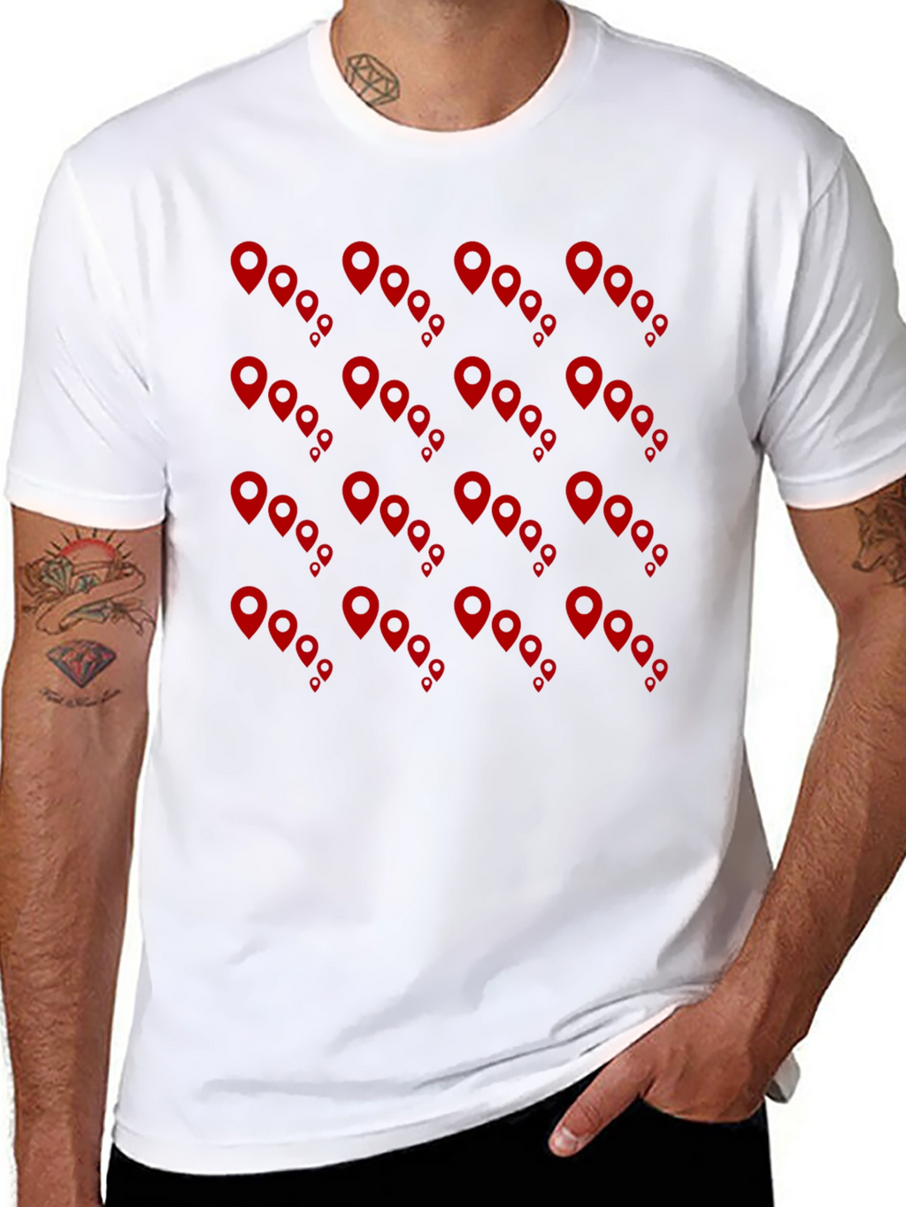 Mens Black Tee with Red Location Pin Design