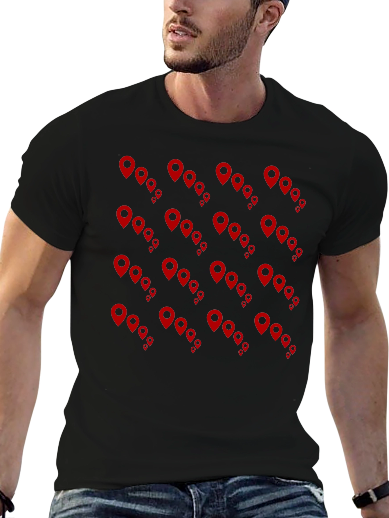 Mens Black Tee with Red Location Pin Design
