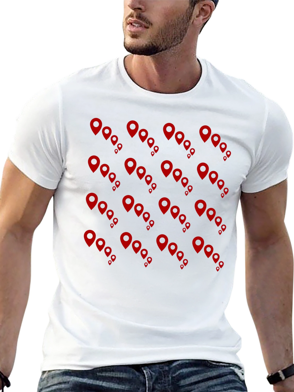 Mens Black Tee with Red Location Pin Design