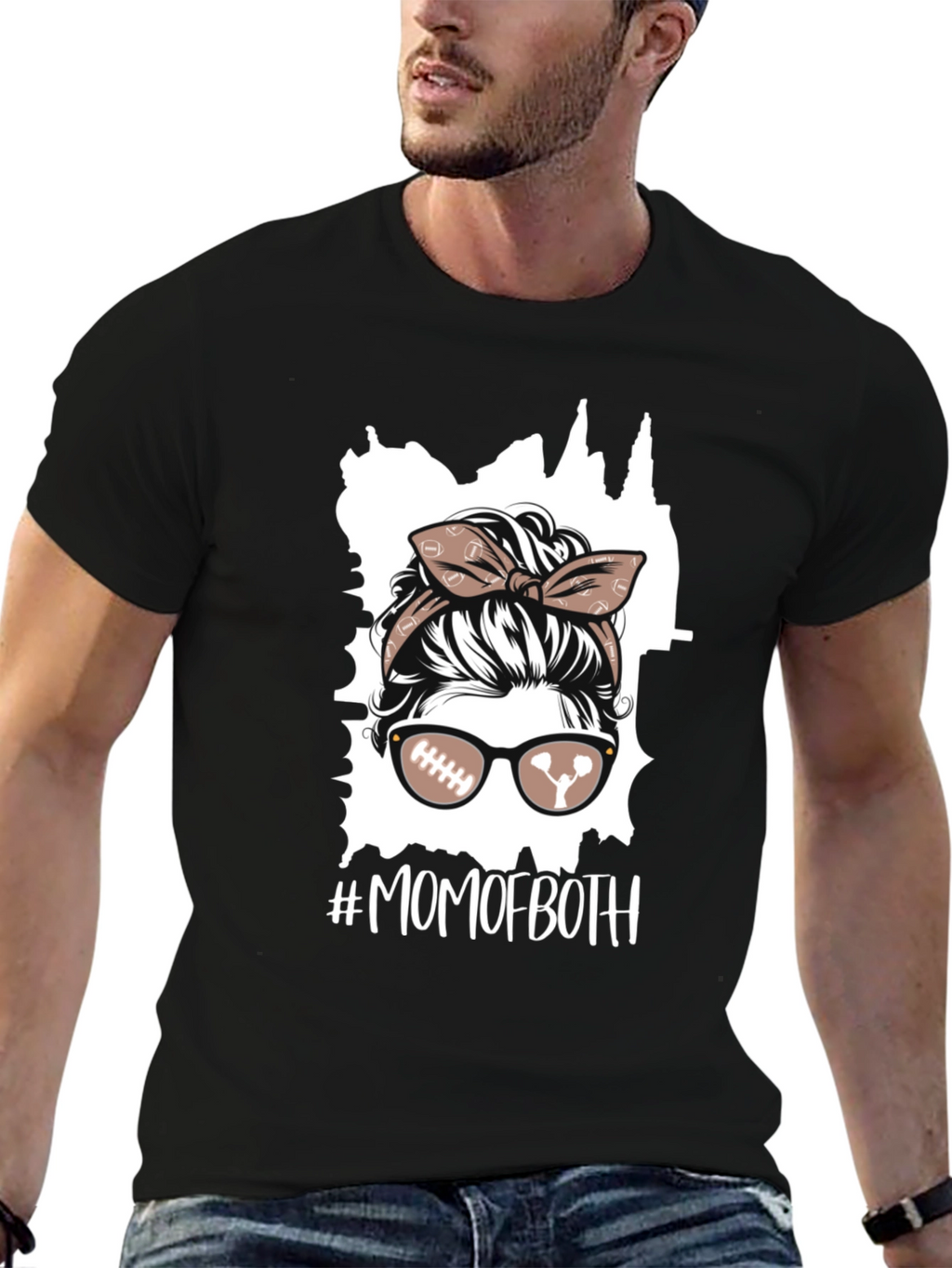 Mom of Both Football Messy Bun T-Shirt