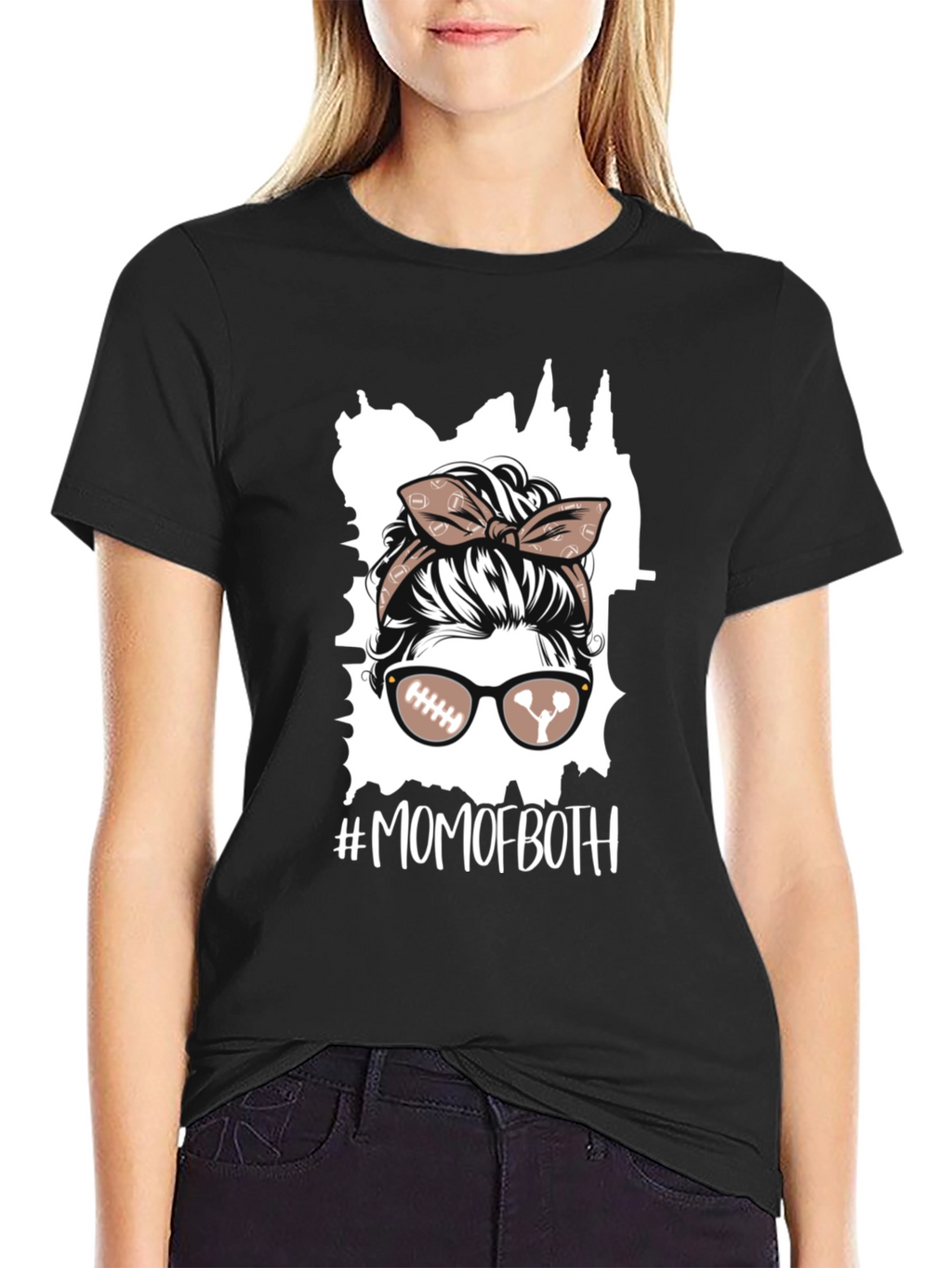 Mom of Both Football Messy Bun T-Shirt