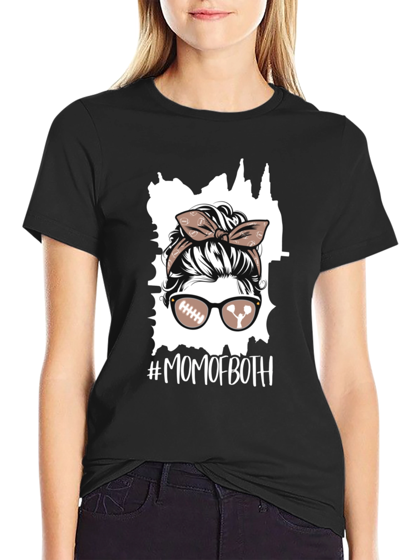Mom of Both Football Messy Bun T-Shirt