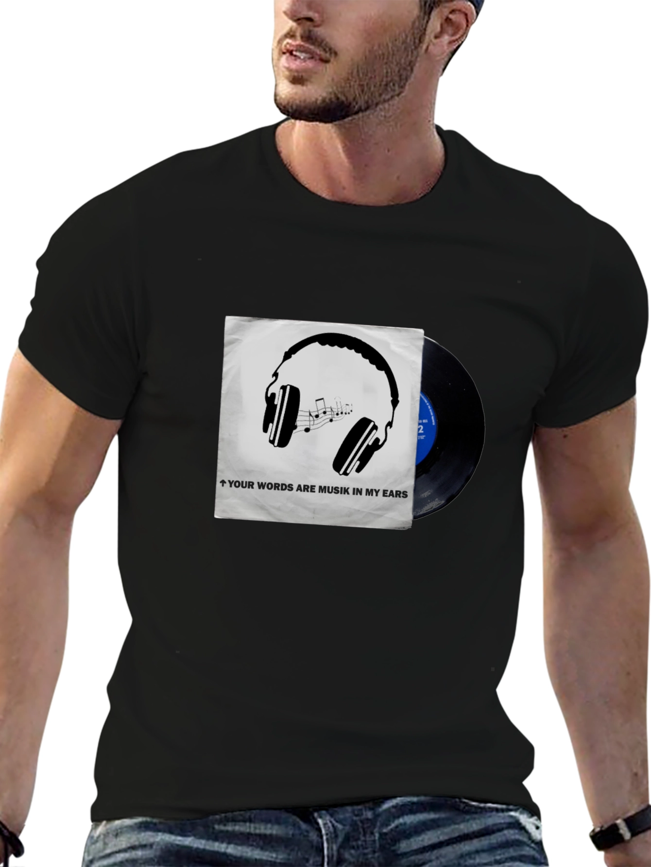 Music Lovers T-Shirt: Headphones & Vinyl Design