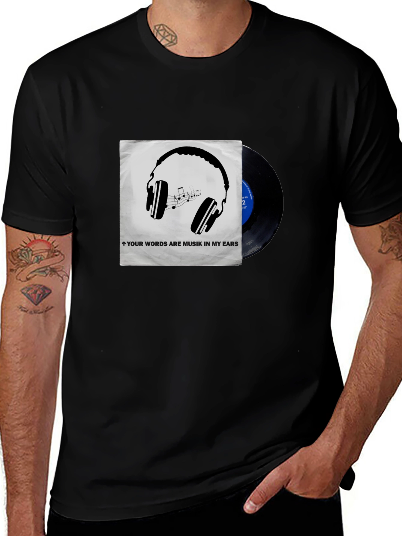Music Lovers T-Shirt: Headphones & Vinyl Design