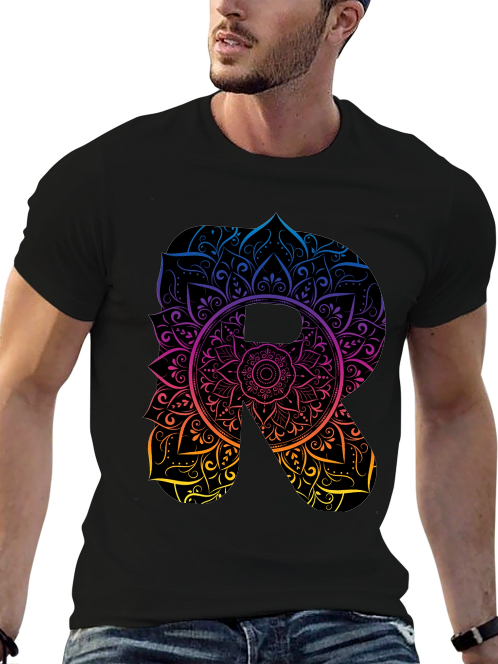 Mandala Letter R Black T-Shirt