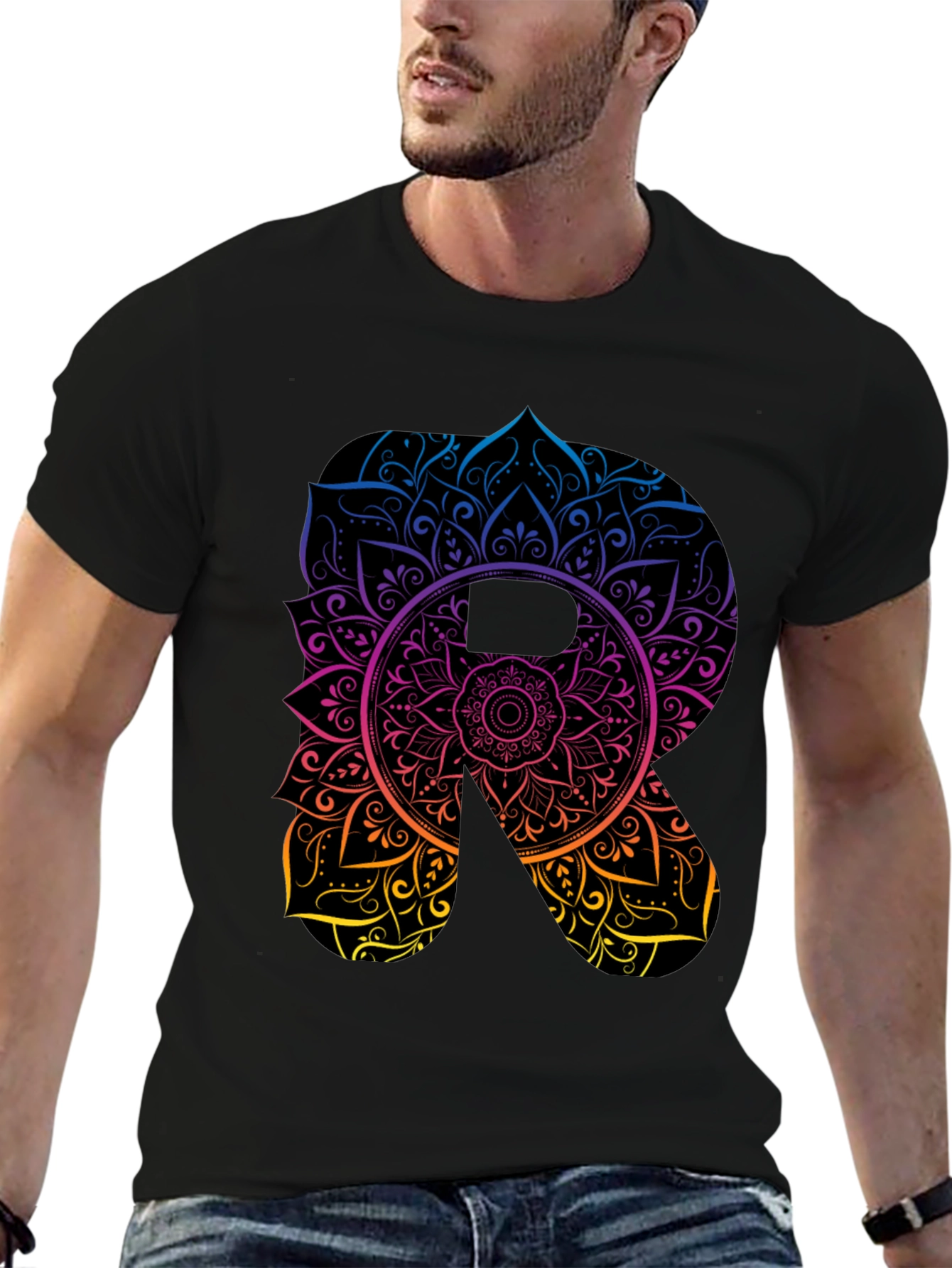 Mandala Letter R Black T-Shirt