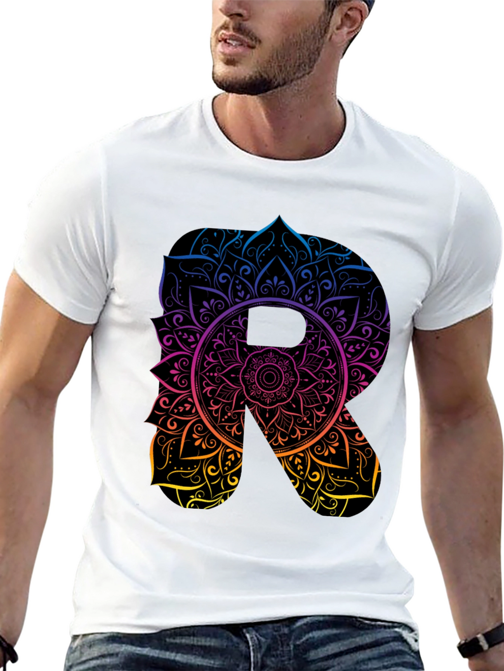 Mandala Letter R Black T-Shirt