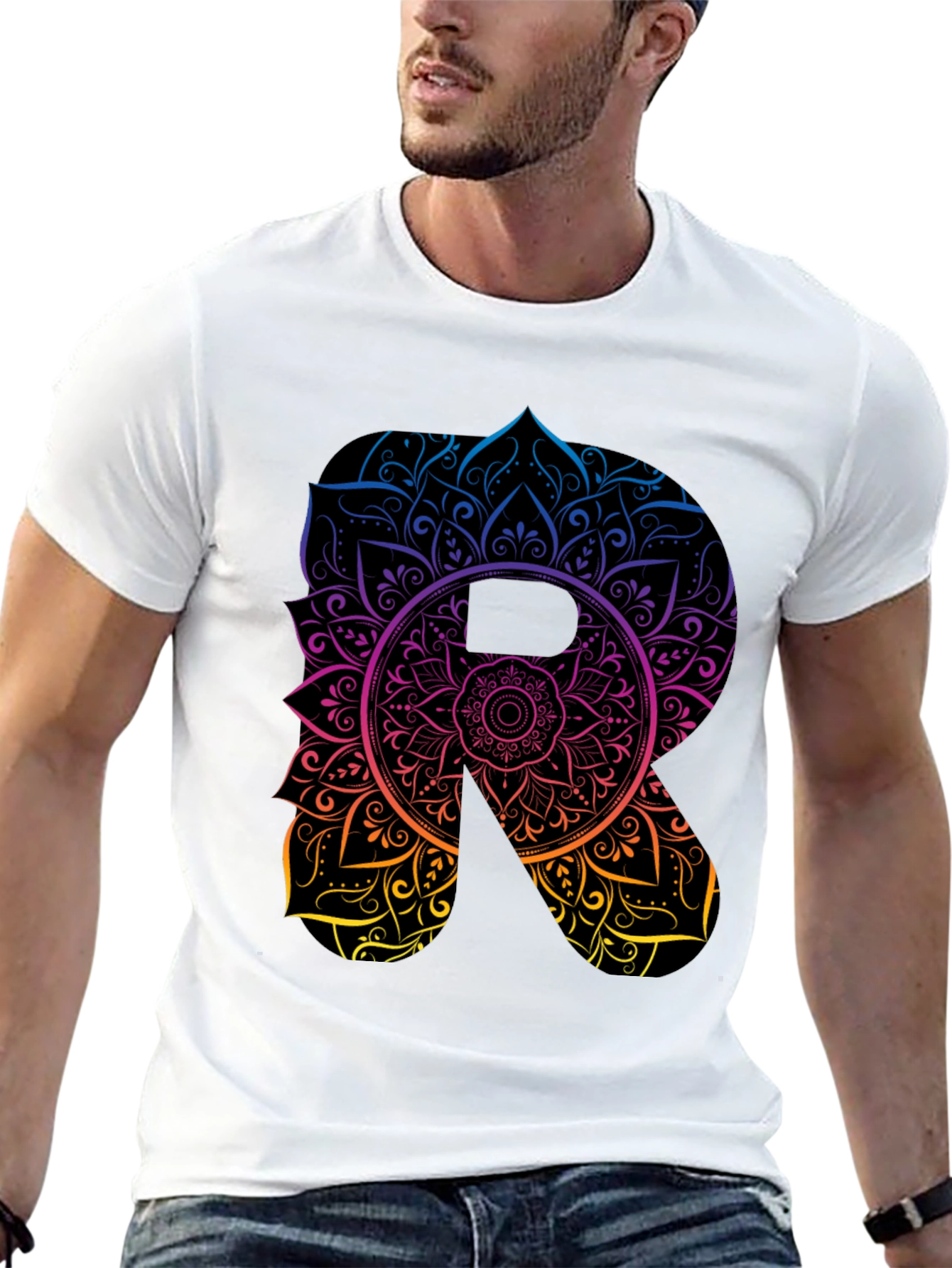 Mandala Letter R Black T-Shirt