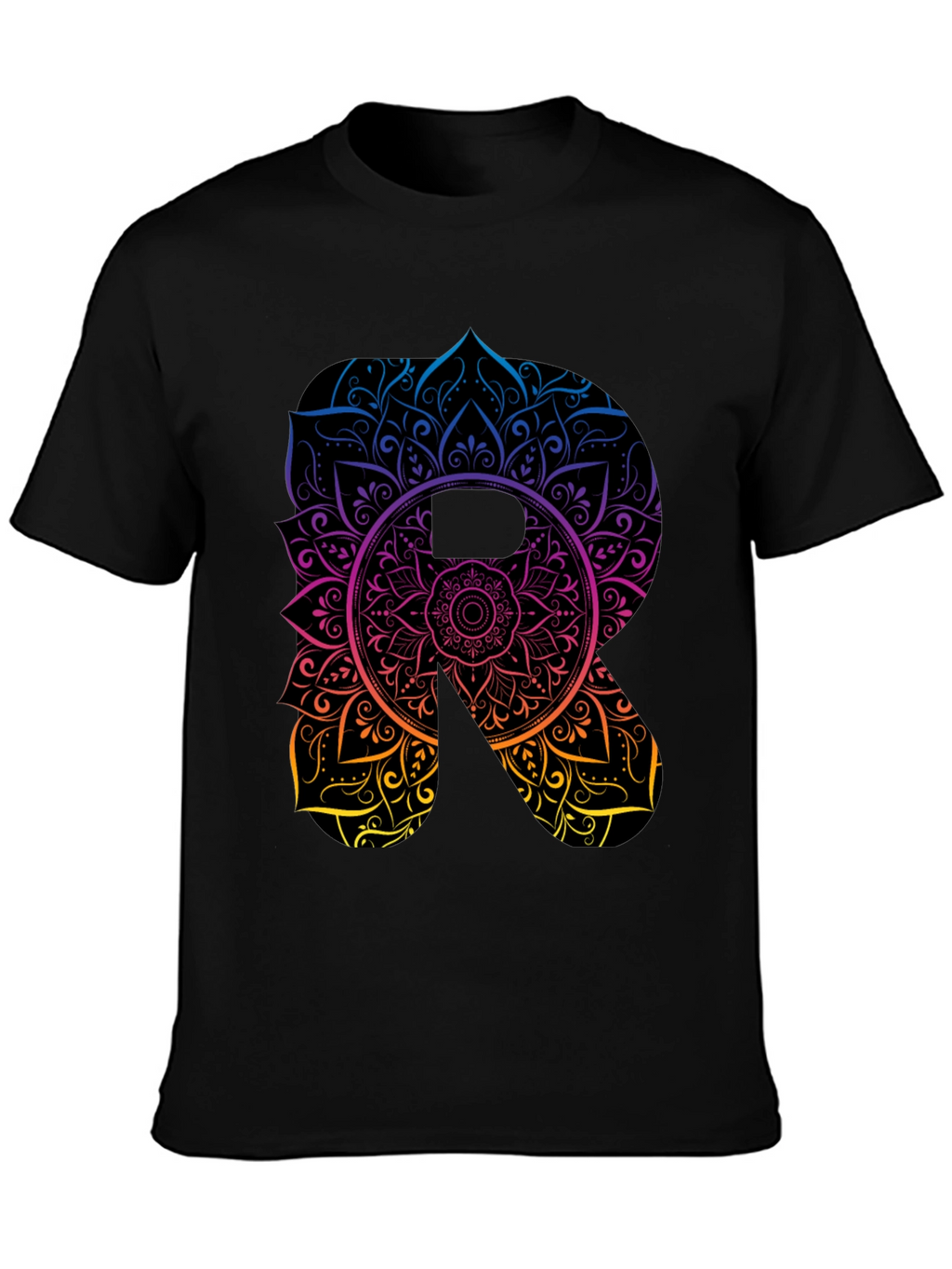 Mandala Letter R Black T-Shirt
