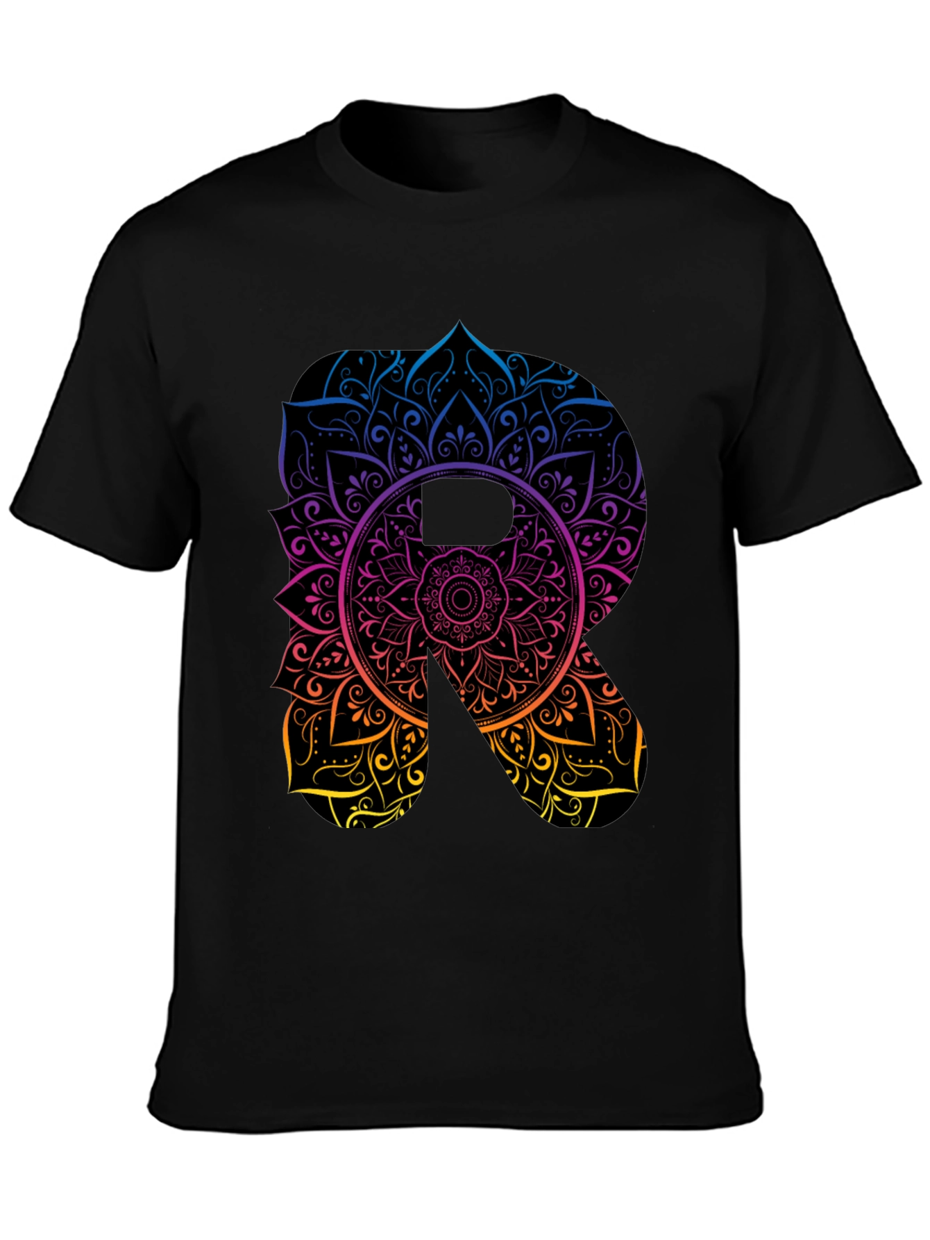 Mandala Letter R Black T-Shirt