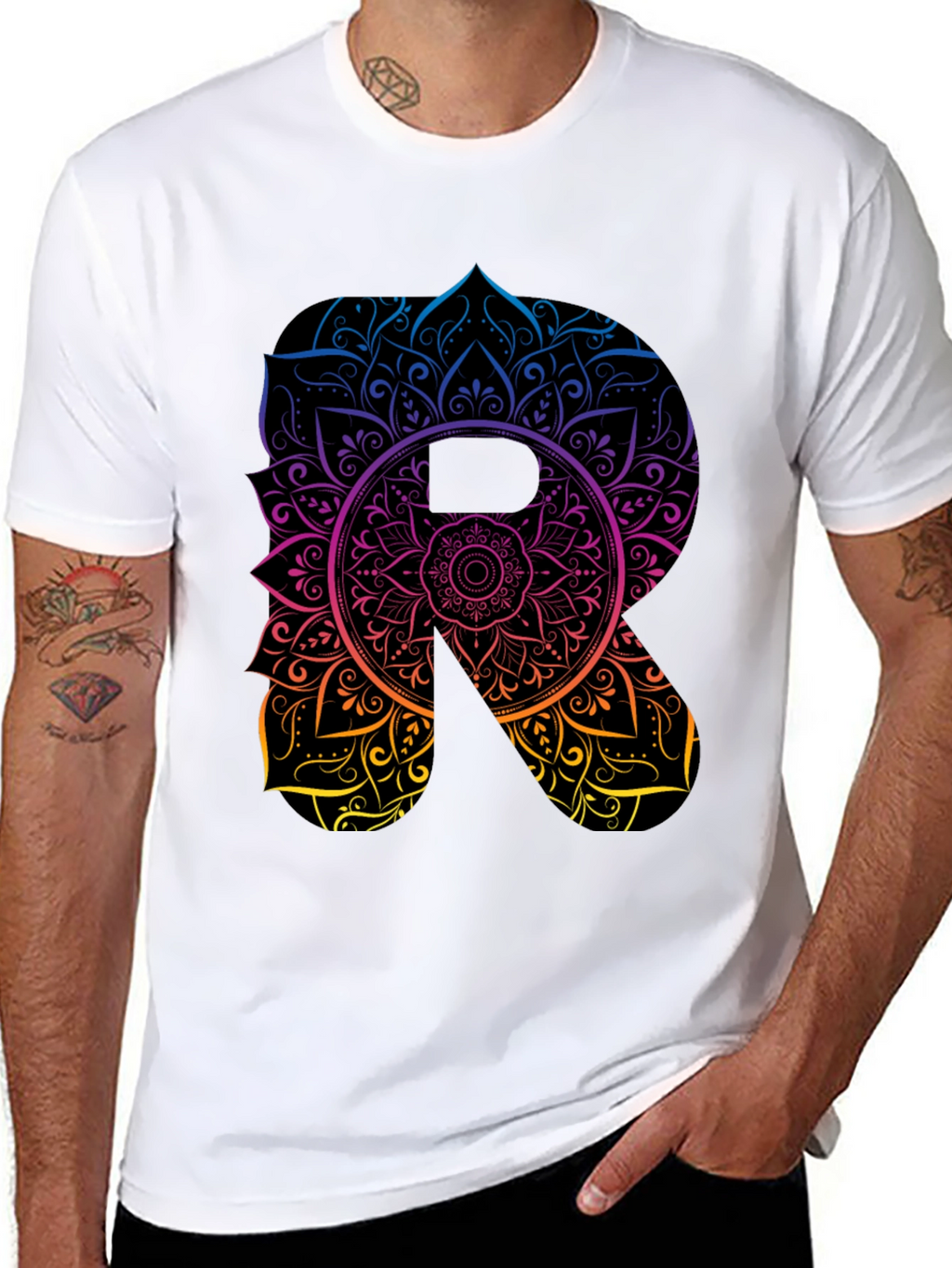 Mandala Letter R Black T-Shirt