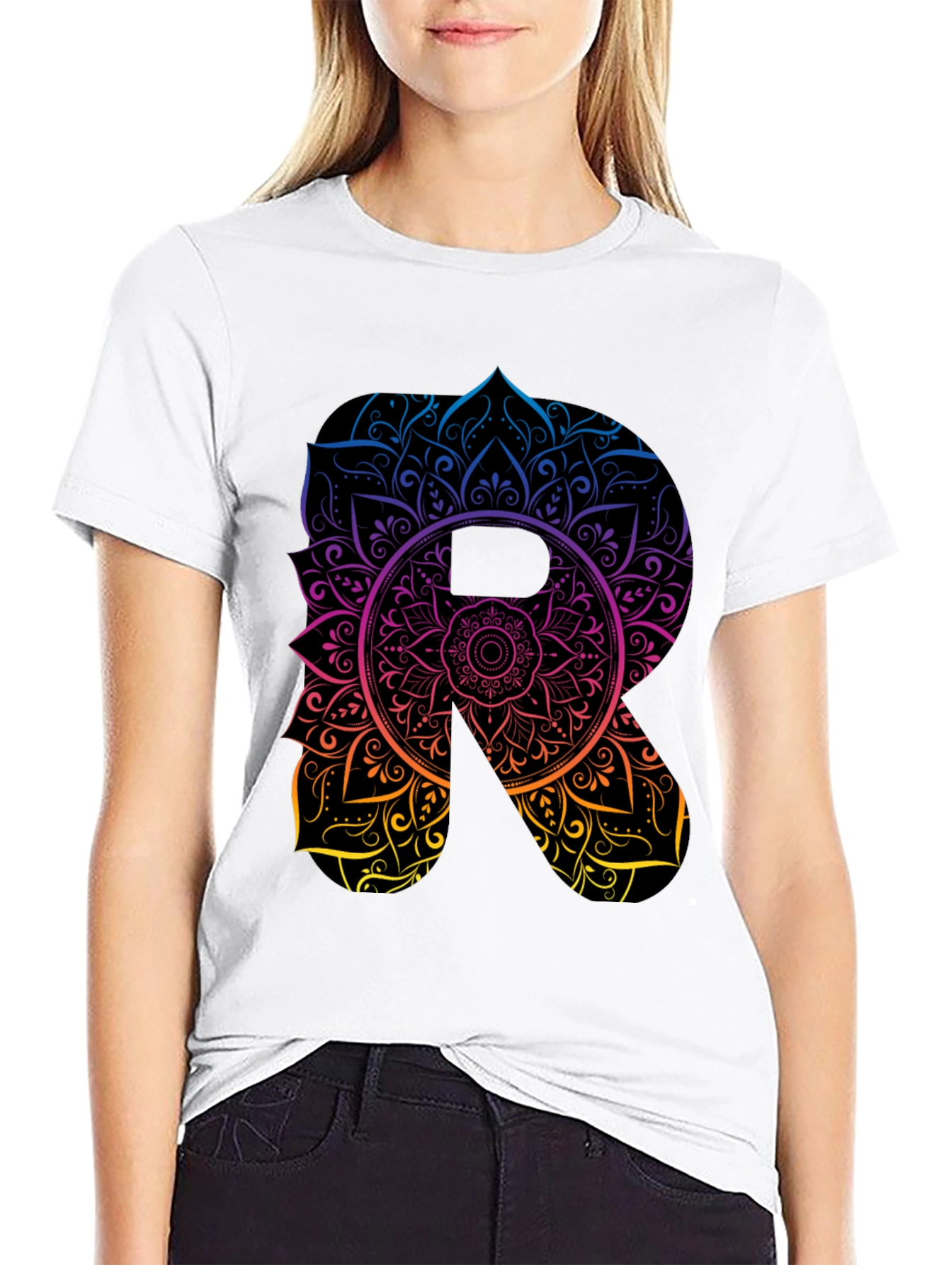 Mandala Letter R Black T-Shirt
