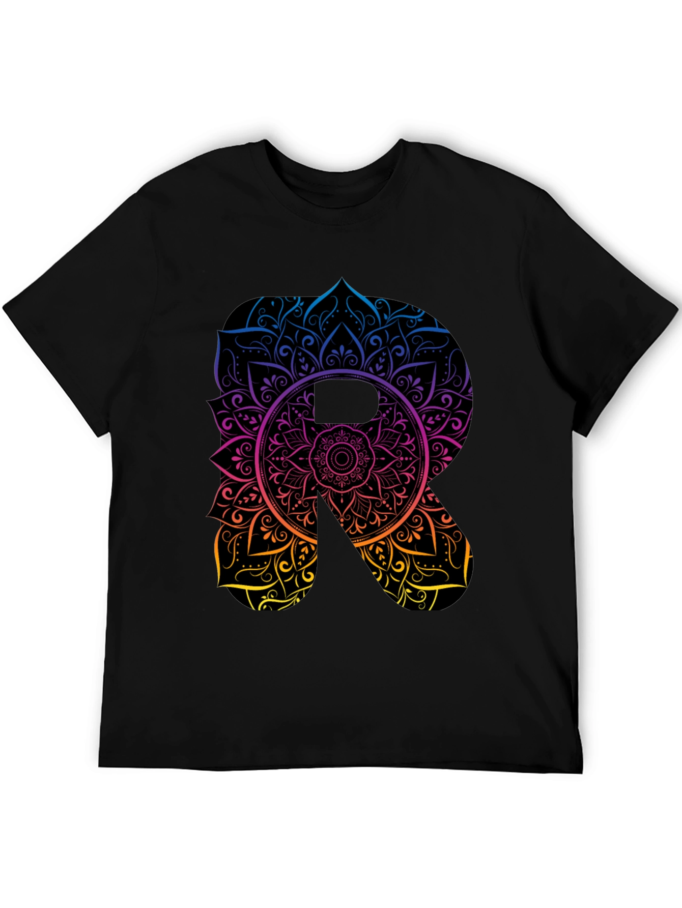 Mandala Letter R Black T-Shirt