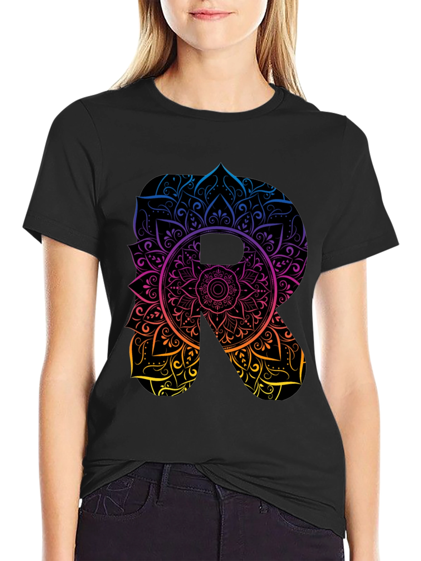 Mandala Letter R Black T-Shirt