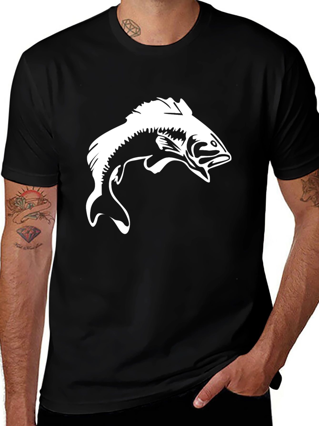 Bass Fishing Graphic Tee - Black Cotton T-Shirt