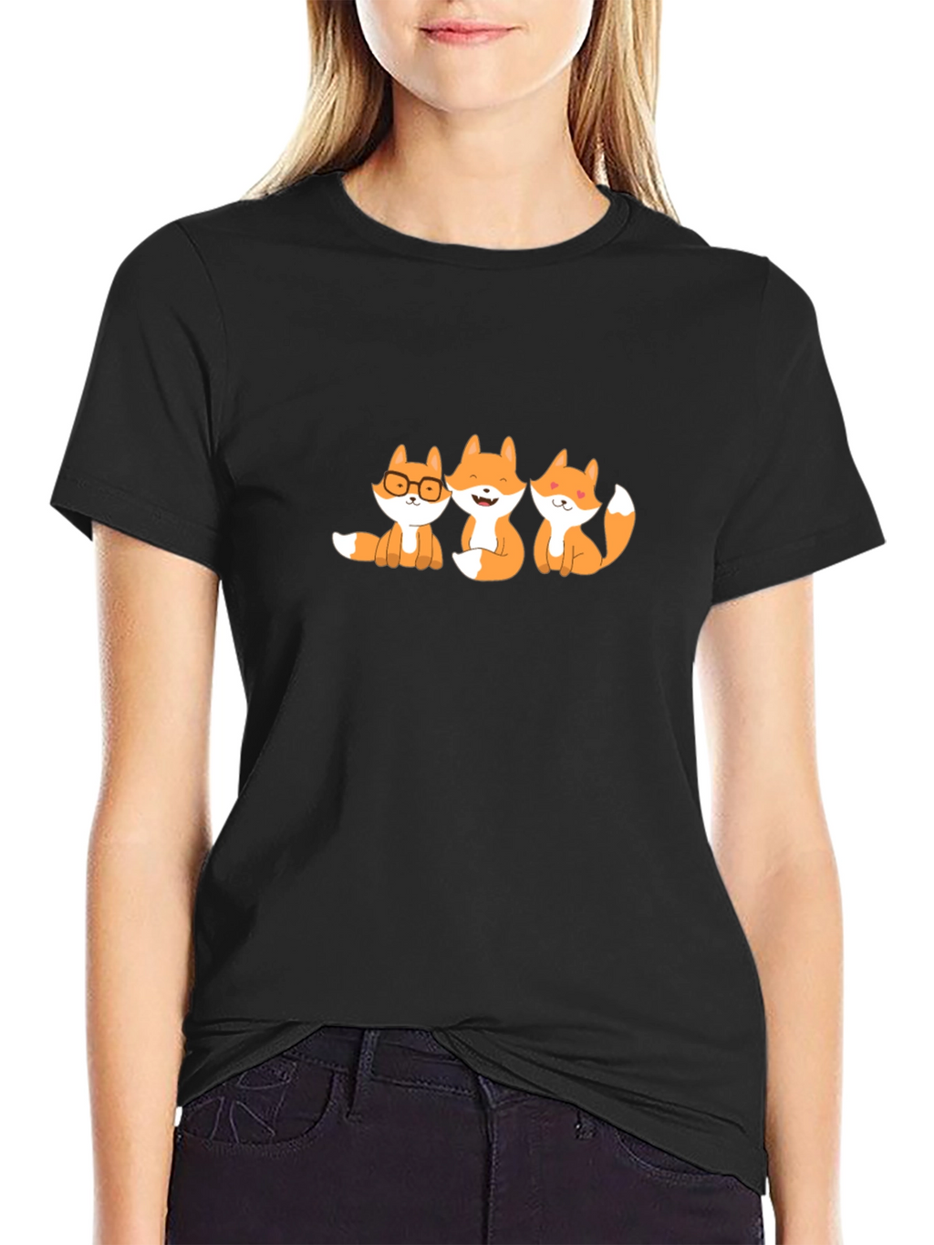 Cute Foxes Graphic Tee - Black Cotton Blend