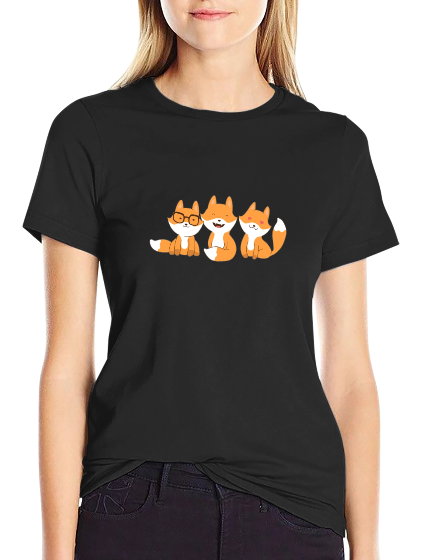 Cute Foxes Graphic Tee - Black Cotton Blend