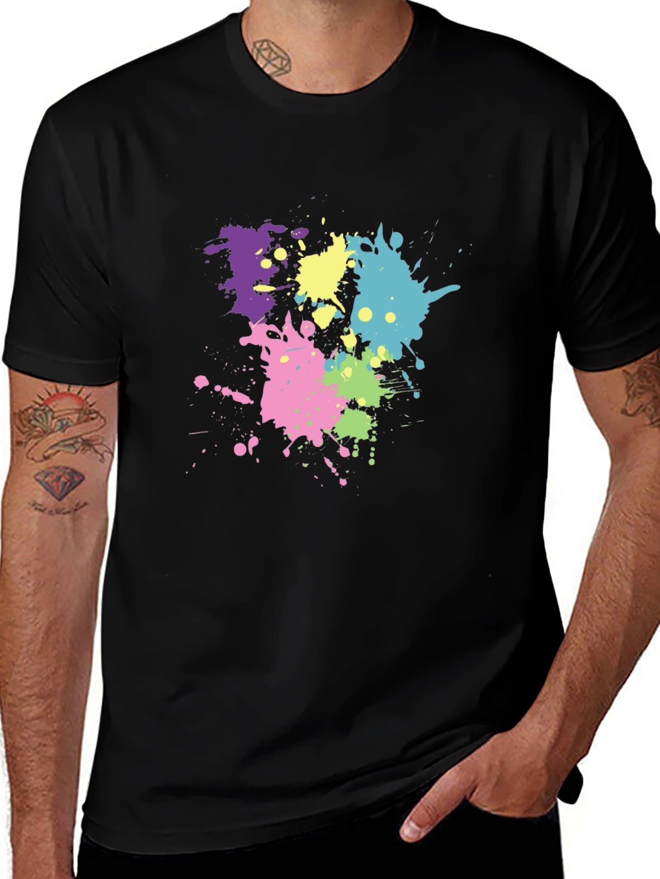 Mens Black T-Shirt with Colorful Paint Splatter Design