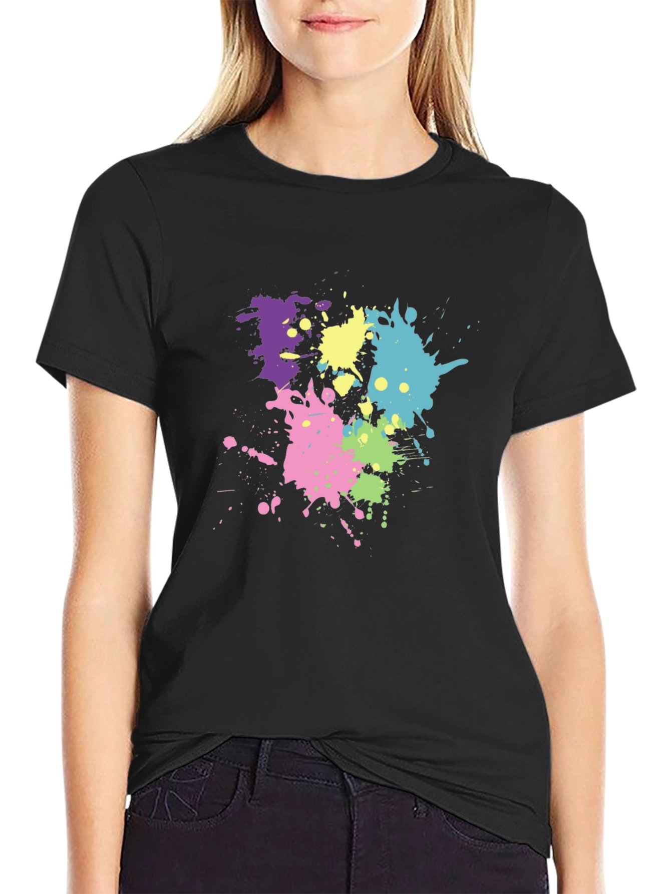 Mens Black T-Shirt with Colorful Paint Splatter Design