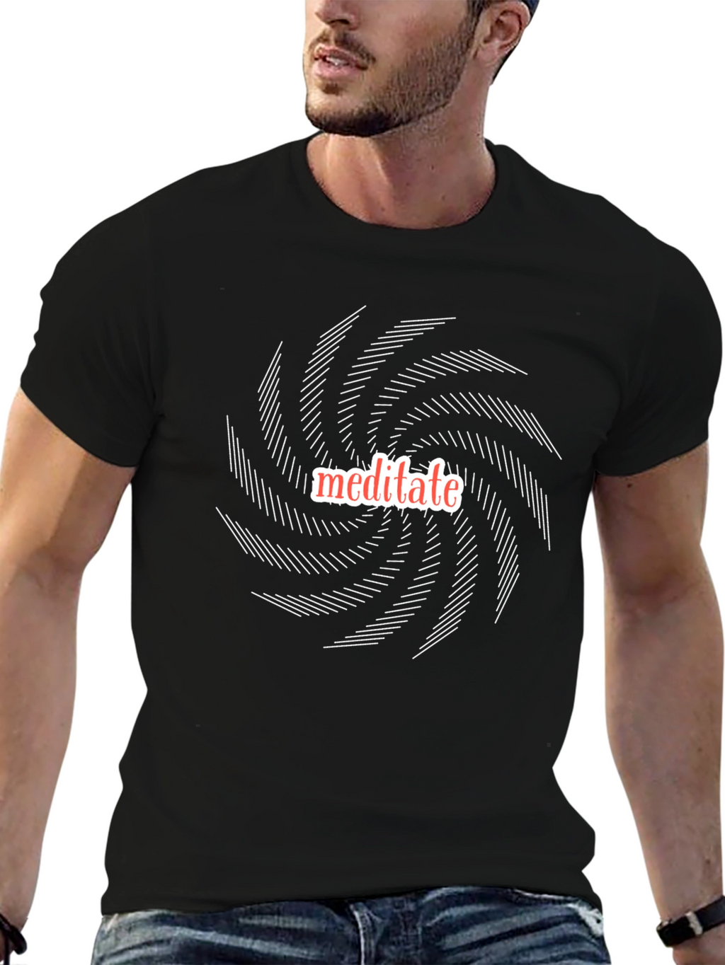 Meditate Graphic Tee - Black Cotton Spiral Design