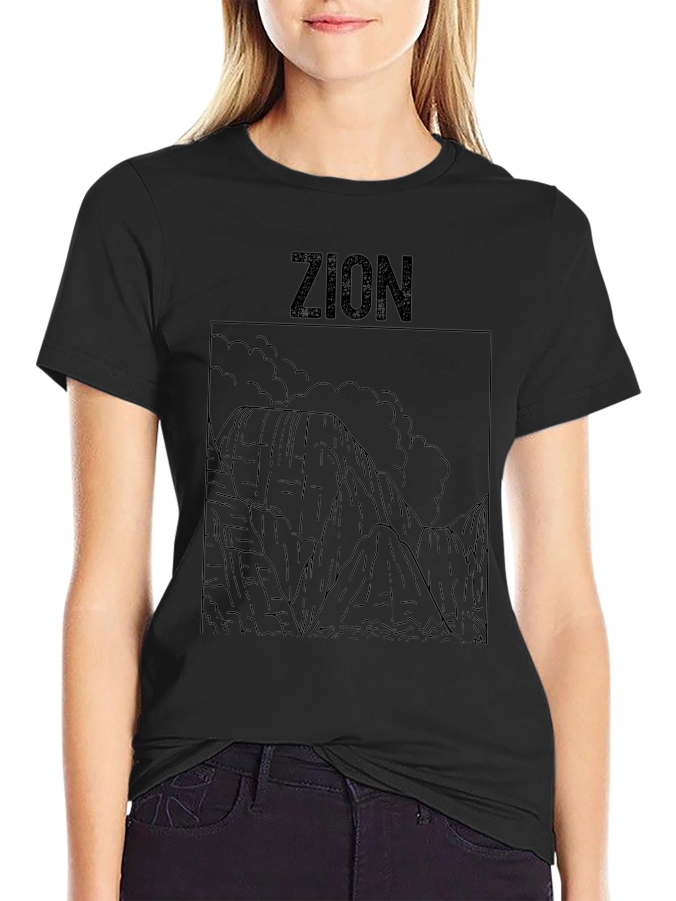 Zion National Park Line Art Black T-Shirt