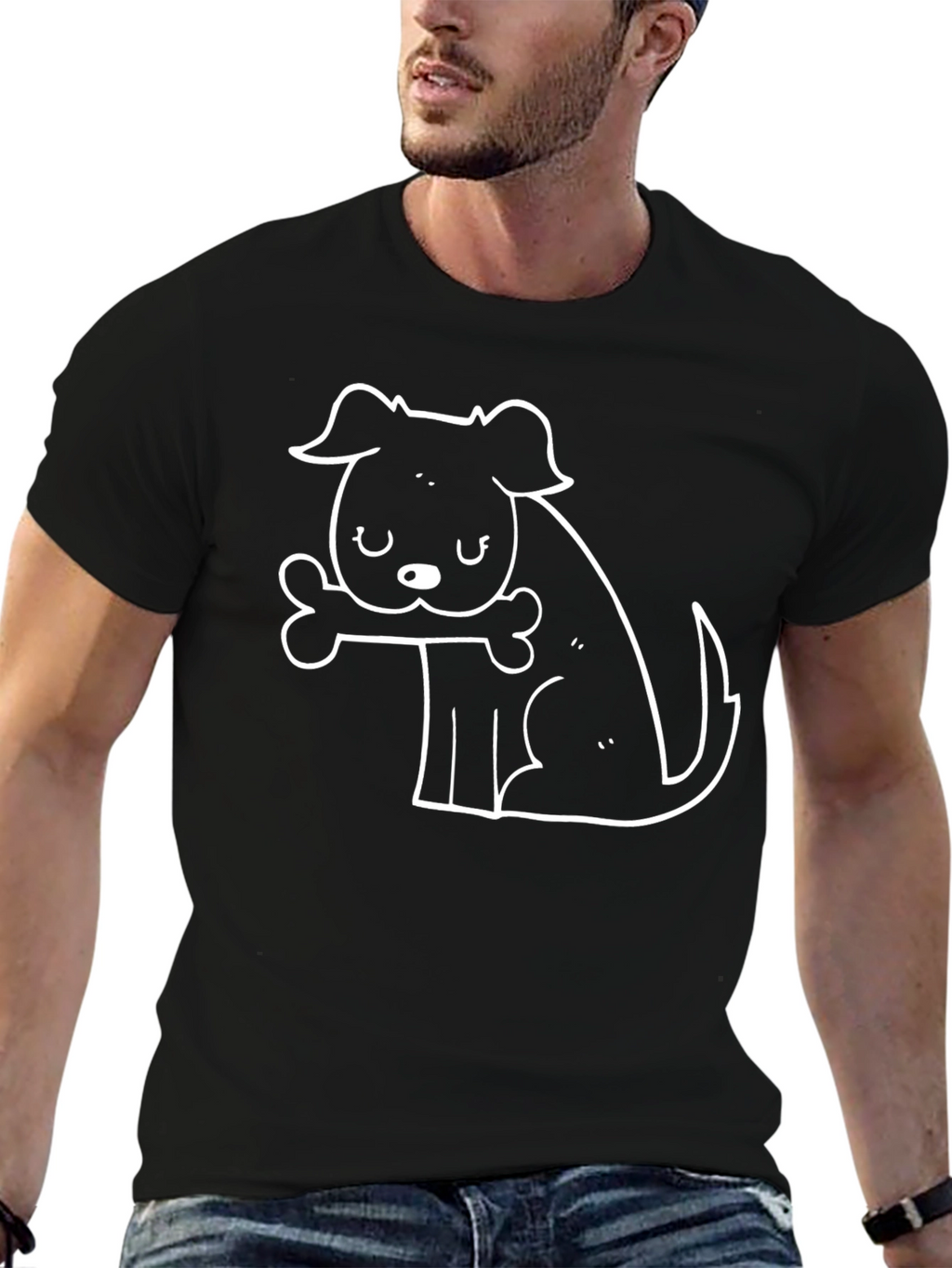 Dog with Bone Graphic Tee - Black Cotton Casual