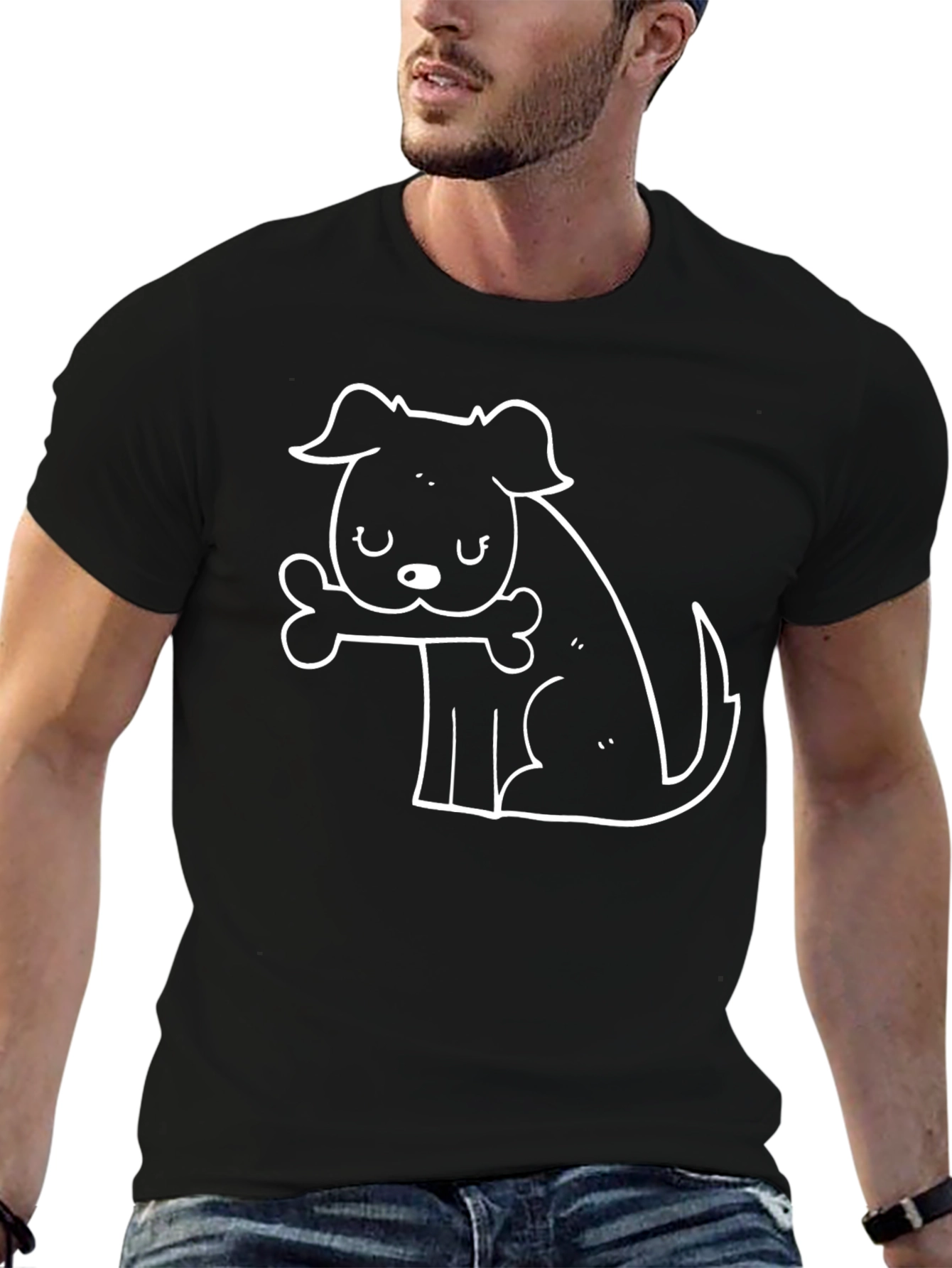 Dog with Bone Graphic Tee - Black Cotton Casual