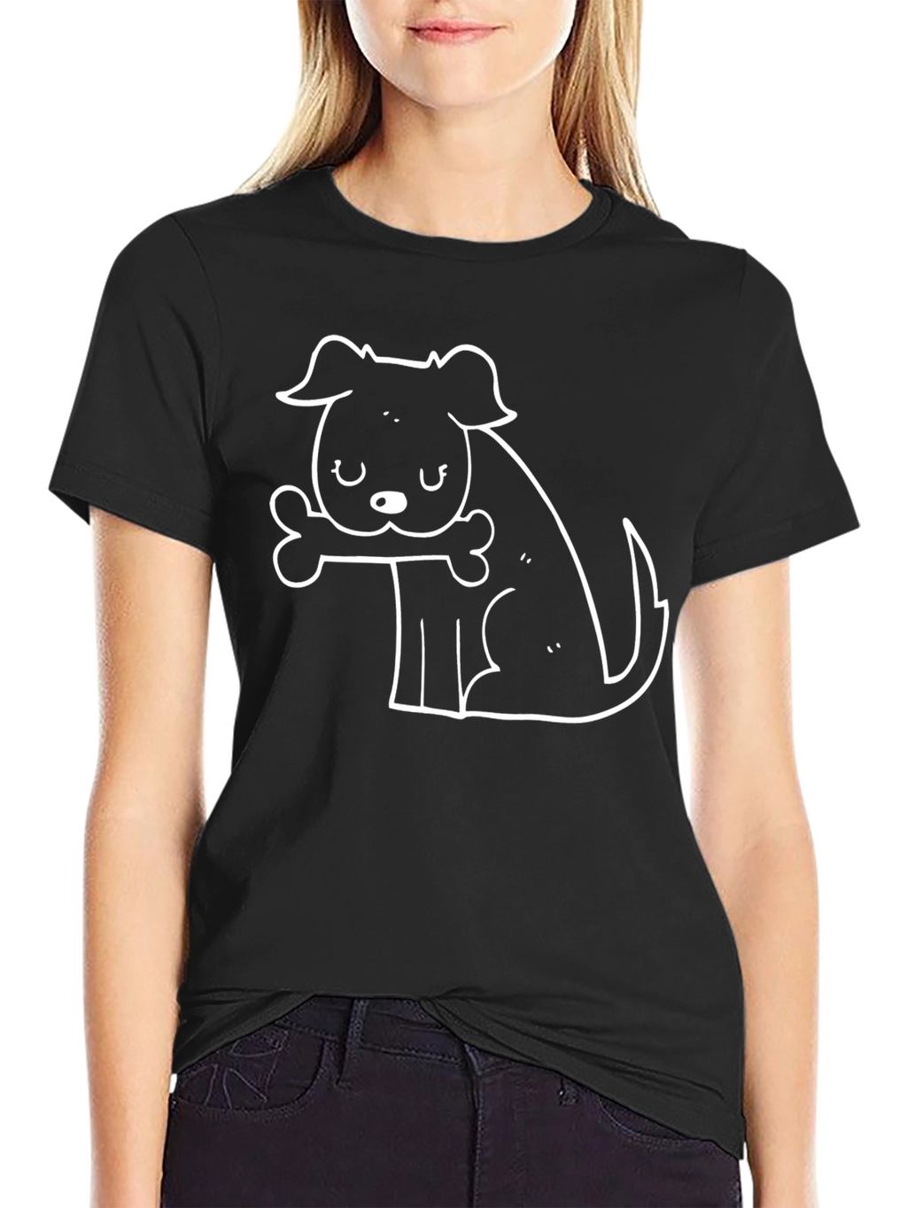 Dog with Bone Graphic Tee - Black Cotton Casual