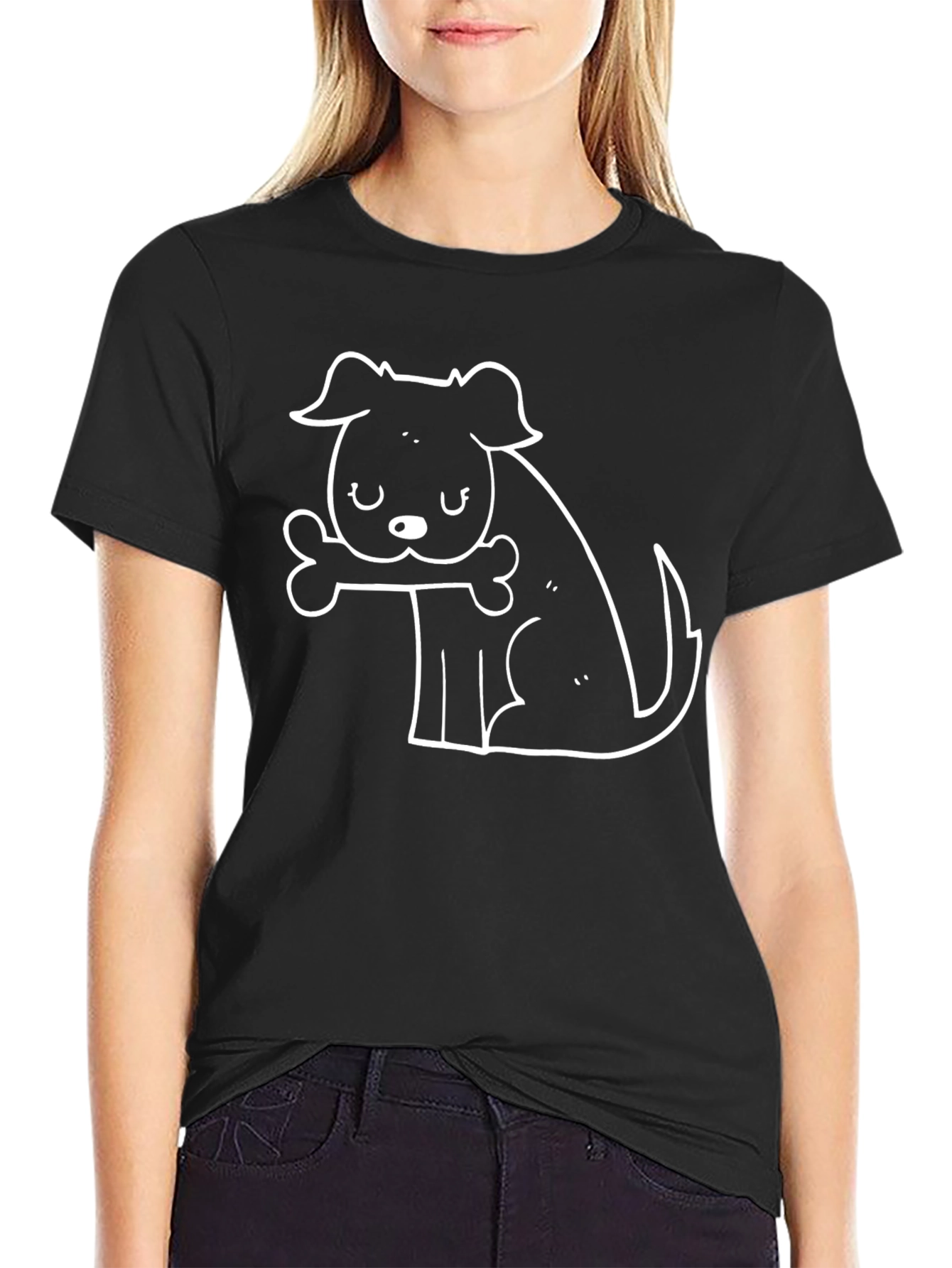Dog with Bone Graphic Tee - Black Cotton Casual