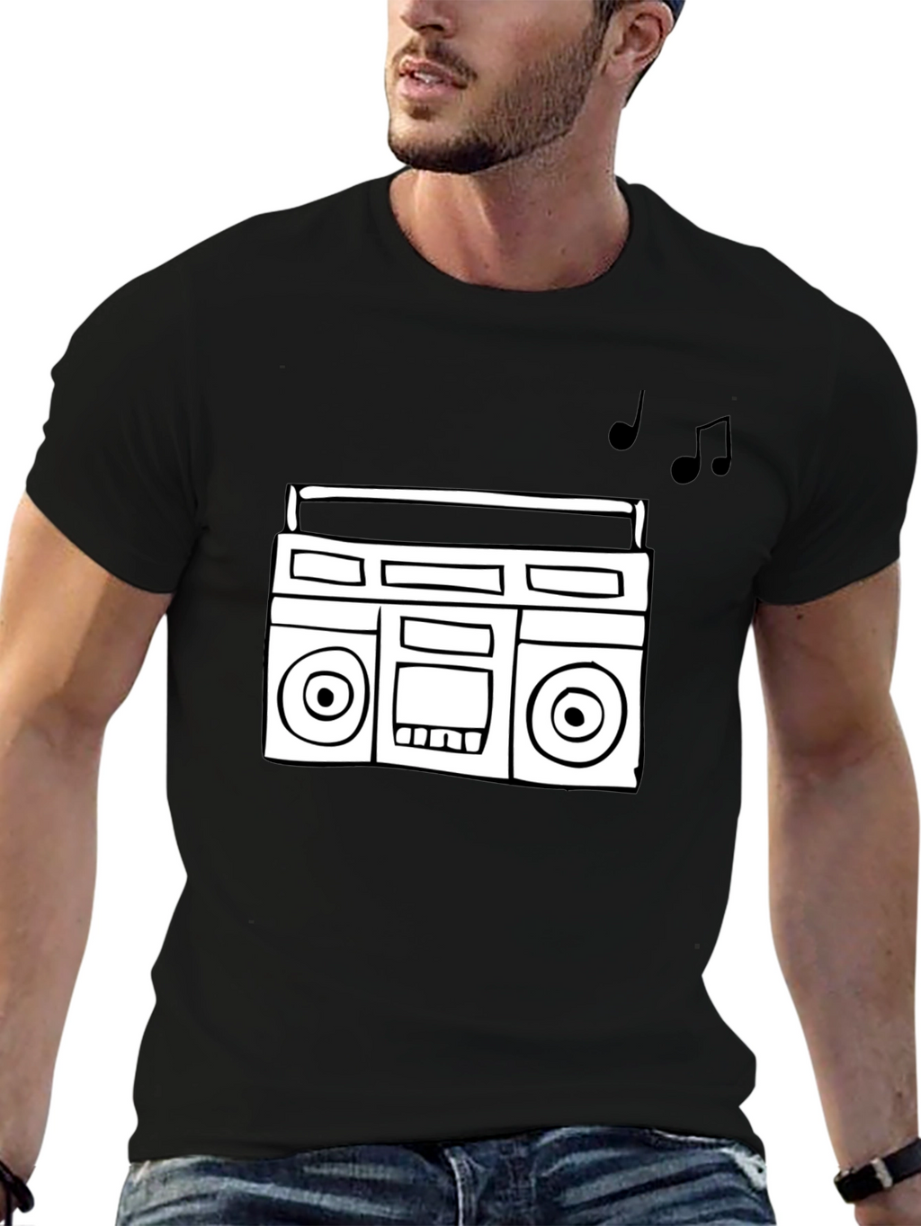 Retro Boombox Graphic Tee - Black Cotton T-Shirt
