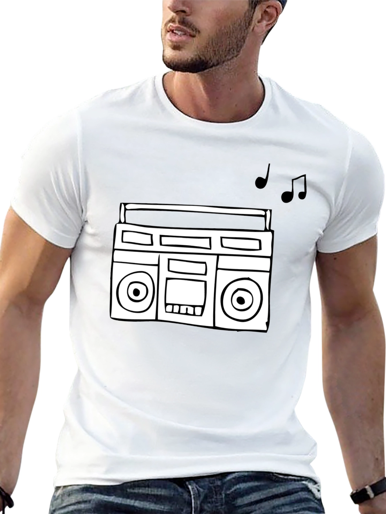Retro Boombox Graphic Tee - Black Cotton T-Shirt