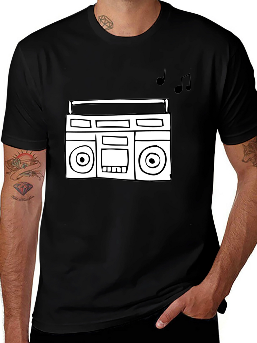 Retro Boombox Graphic Tee - Black Cotton T-Shirt