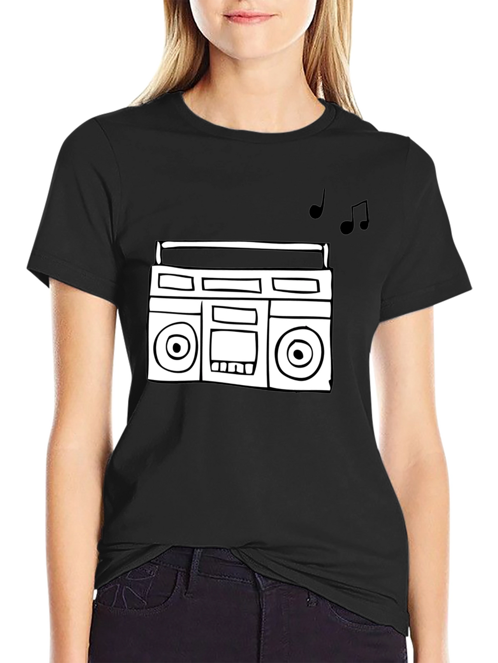 Retro Boombox Graphic Tee - Black Cotton T-Shirt