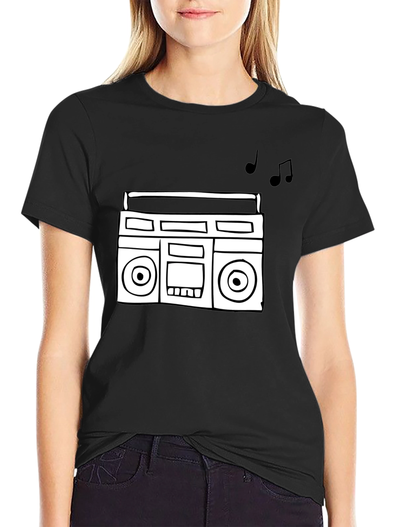 Retro Boombox Graphic Tee - Black Cotton T-Shirt