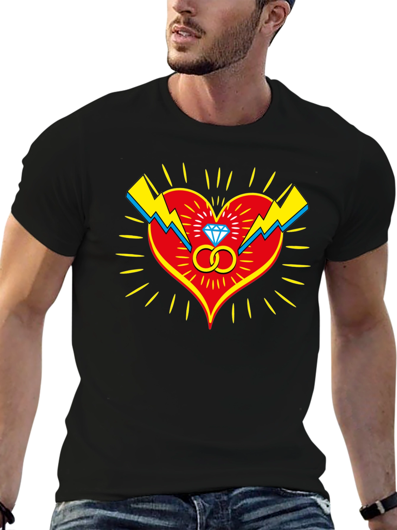 Heart & Rings Graphic Tee - Stylish Black T-Shirt