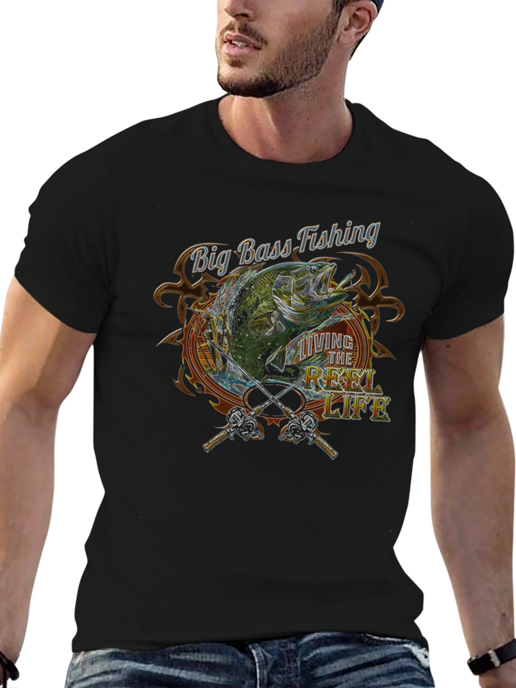 Big Bass Fishing Reel Life Graphic Tee - Black