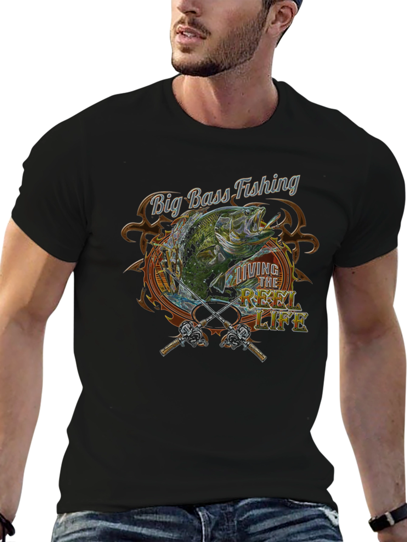 Big Bass Fishing Reel Life Graphic Tee - Black