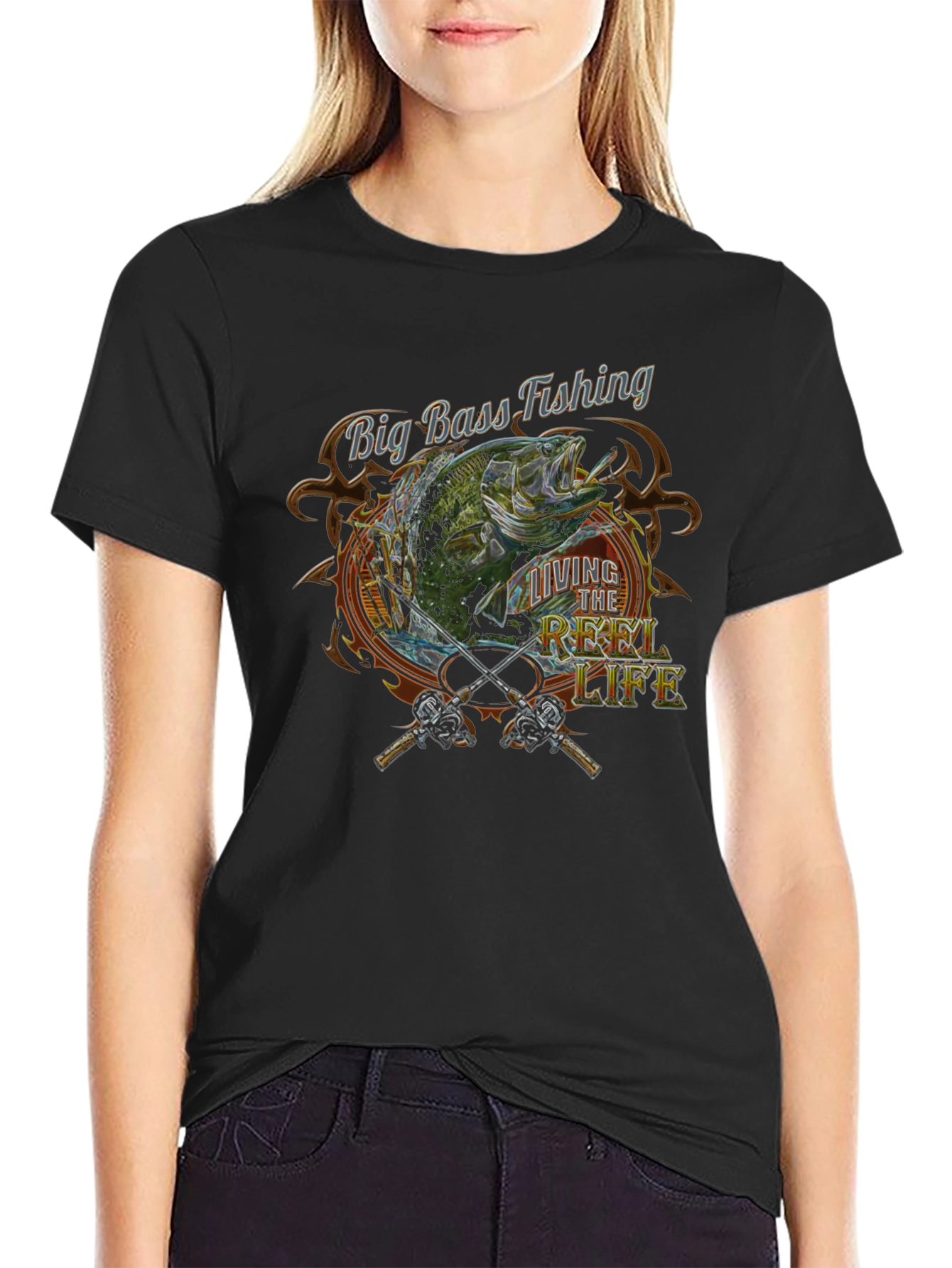 Big Bass Fishing Reel Life Graphic Tee - Black