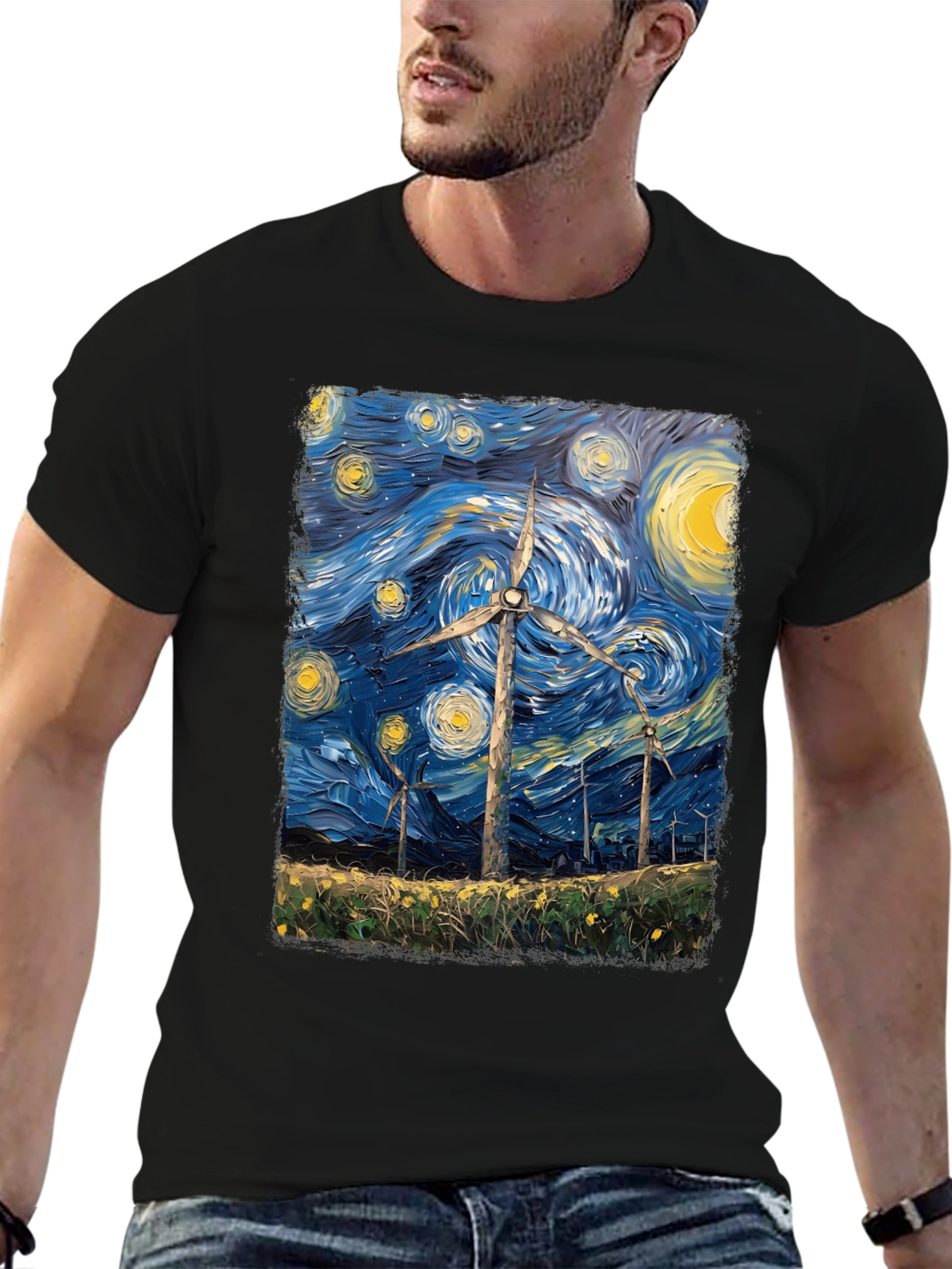Starry Night Wind Turbine Graphic Tee