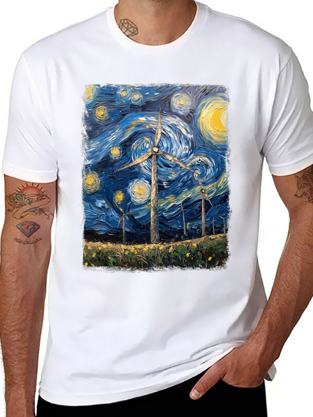 Starry Night Wind Turbine Graphic Tee