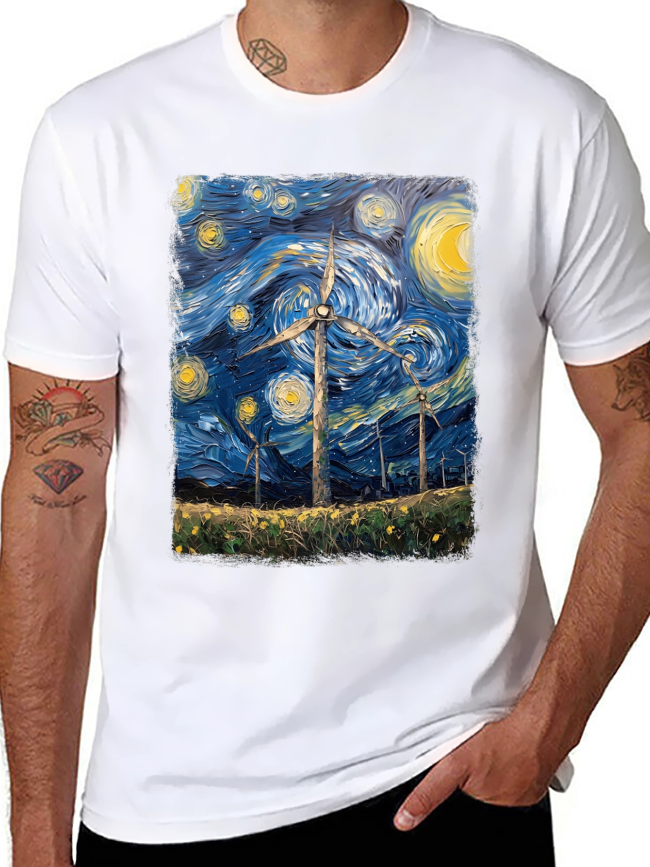 Starry Night Wind Turbine Graphic Tee