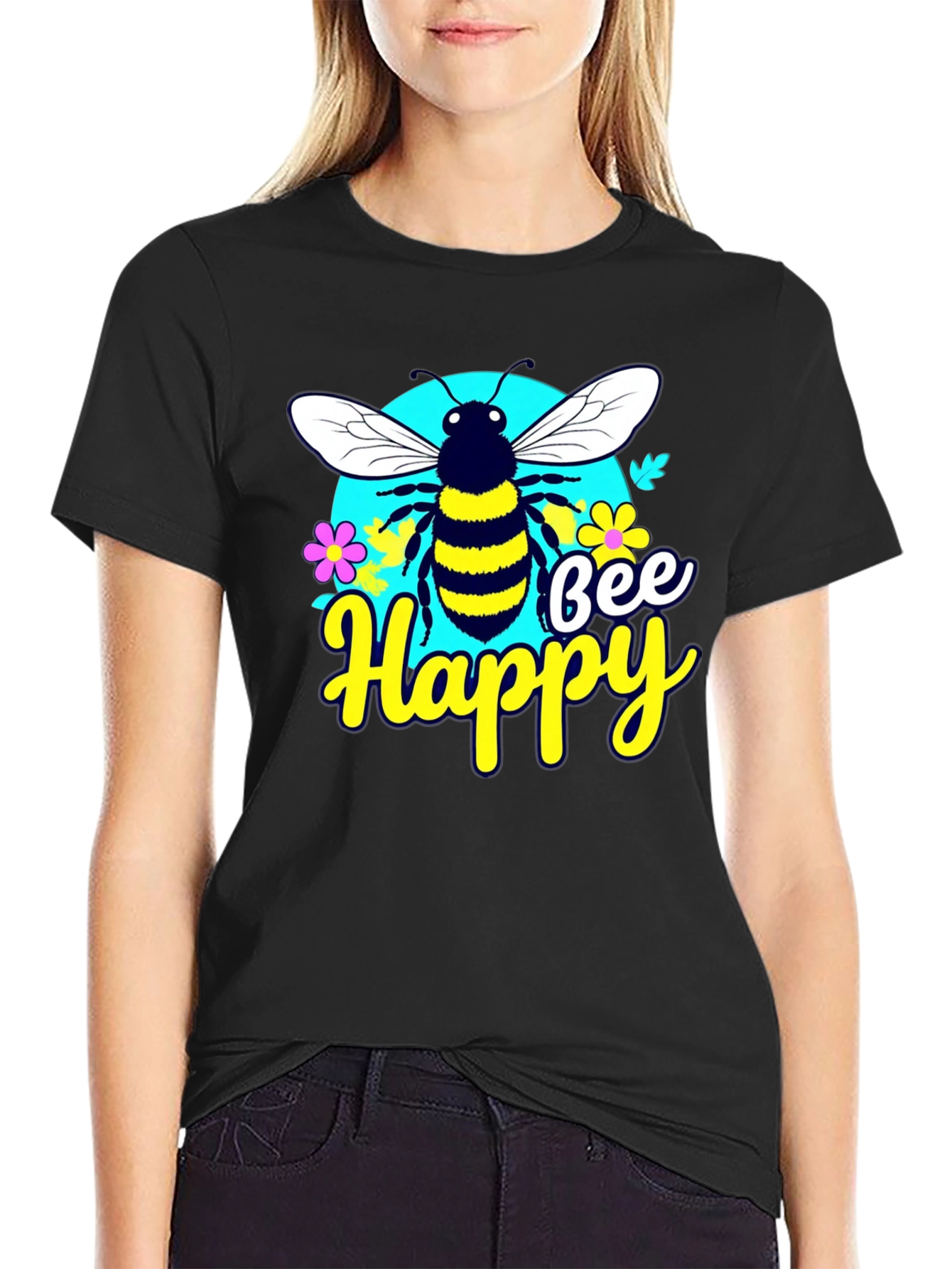 Bee Happy Graphic Tee - Black Casual T-Shirt