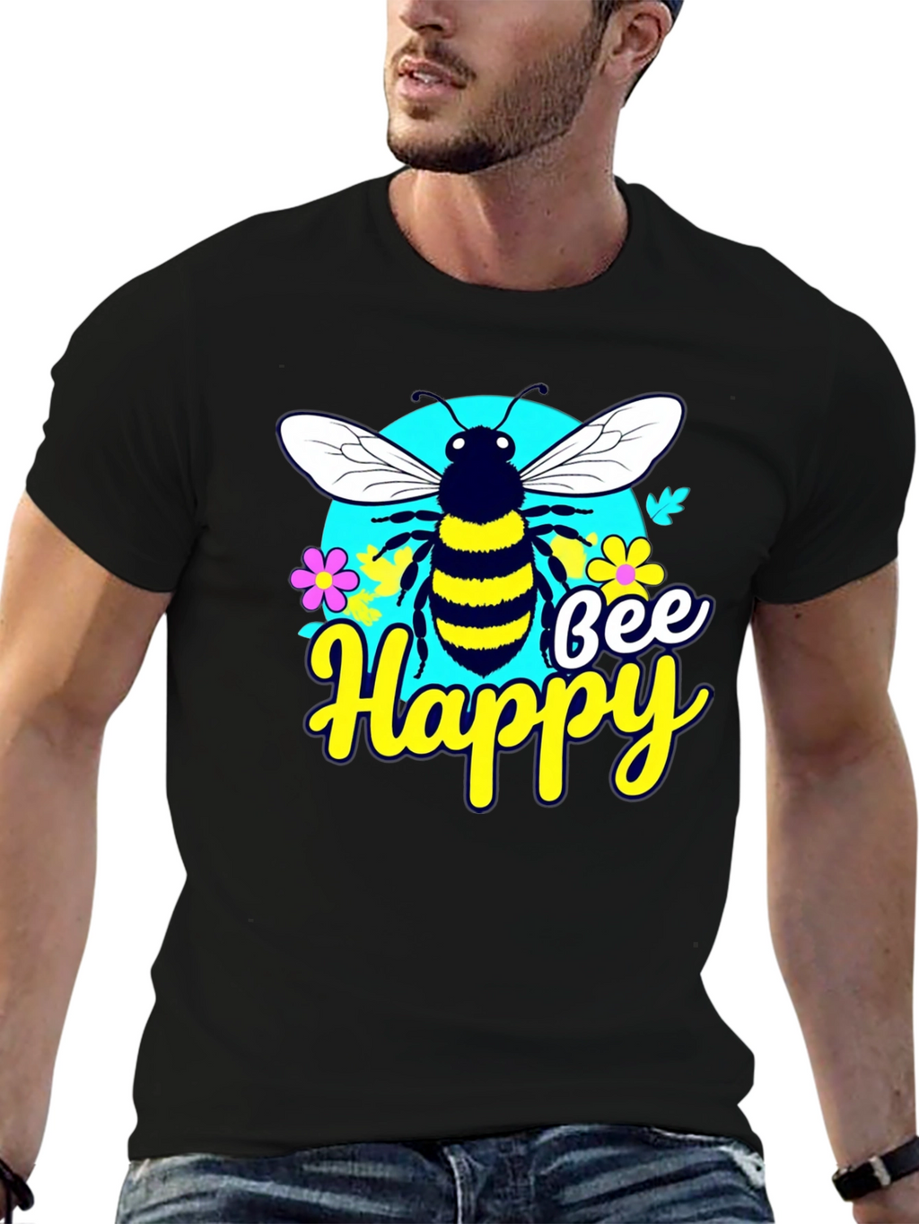 Bee Happy Graphic Tee - Black Casual T-Shirt